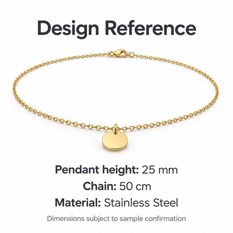 womens gold Stainless Steel engraving blank necklace, design reference dimensions and material specifications