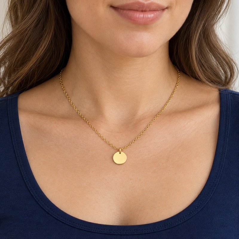 womens gold Stainless Steel engraving blank necklace, worn by an adult model