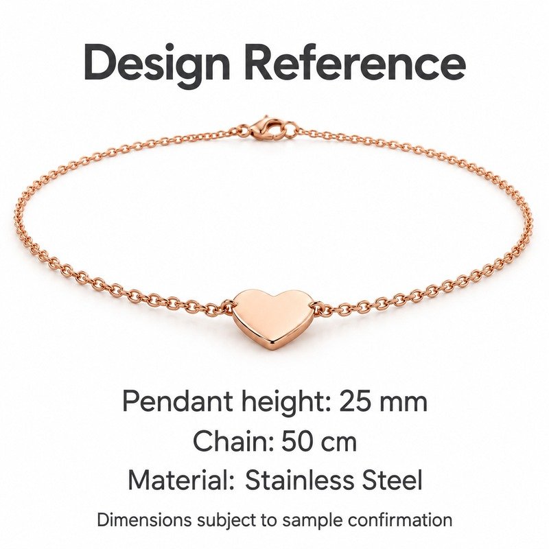 womens rose gold Stainless Steel engraving blank necklace, design reference dimensions and material specifications