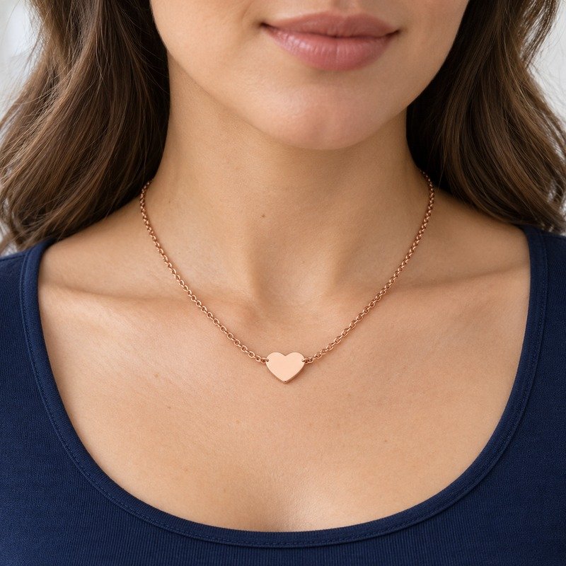 womens rose gold Stainless Steel engraving blank necklace, worn by an adult model