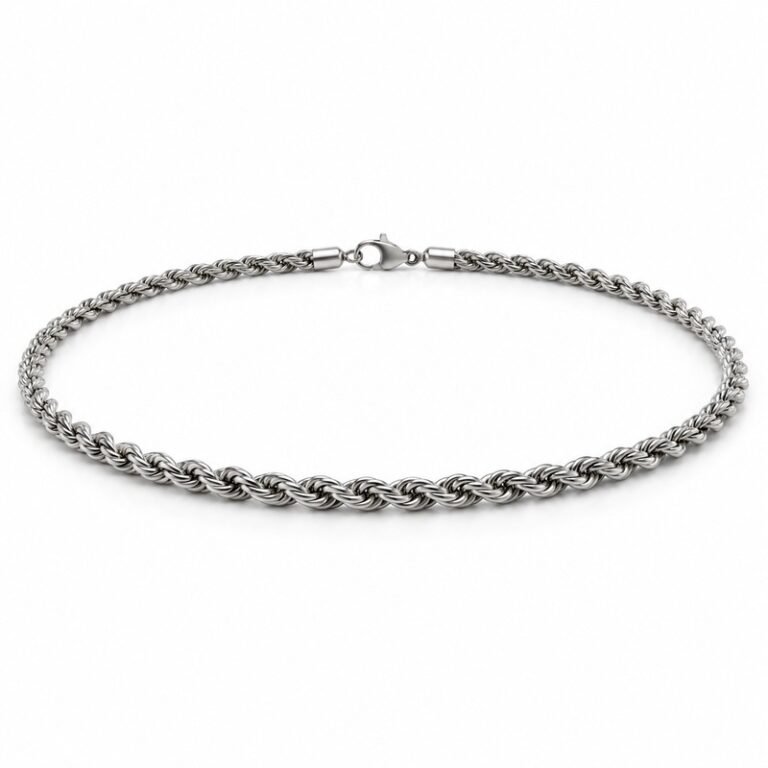 mens silver Stainless Steel 3mm rope chain necklace, at a 45-degree angle on white