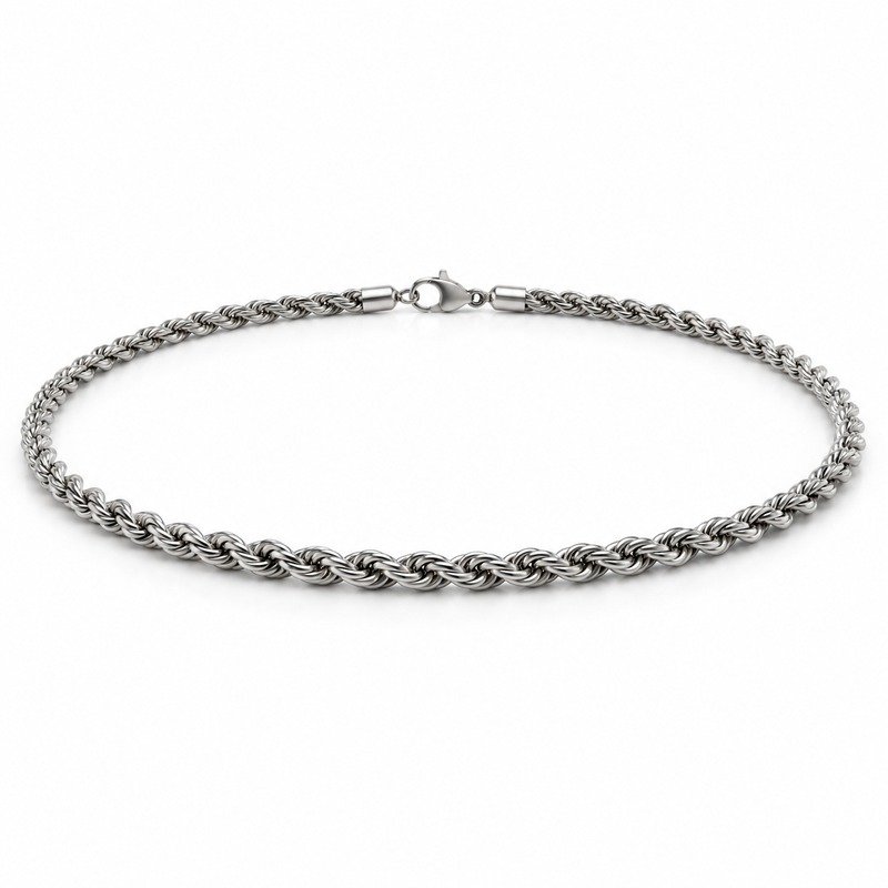 mens silver Stainless Steel 3mm rope chain necklace, at a 45-degree angle on white