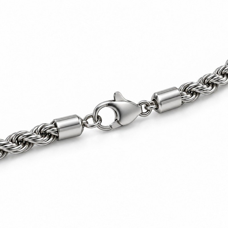 mens silver Stainless Steel 3mm rope chain necklace, reverse side and connection structure on white