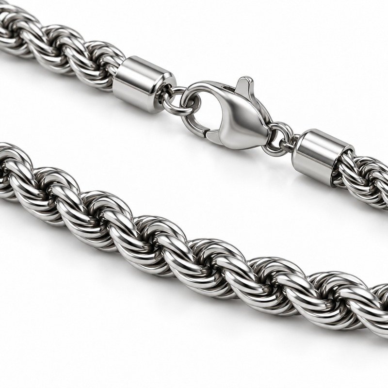 mens silver Stainless Steel 3mm rope chain necklace, material and craftsmanship close-up