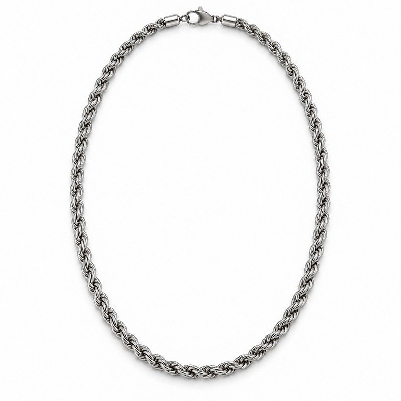 mens silver Stainless Steel 3mm rope chain necklace, front view on white