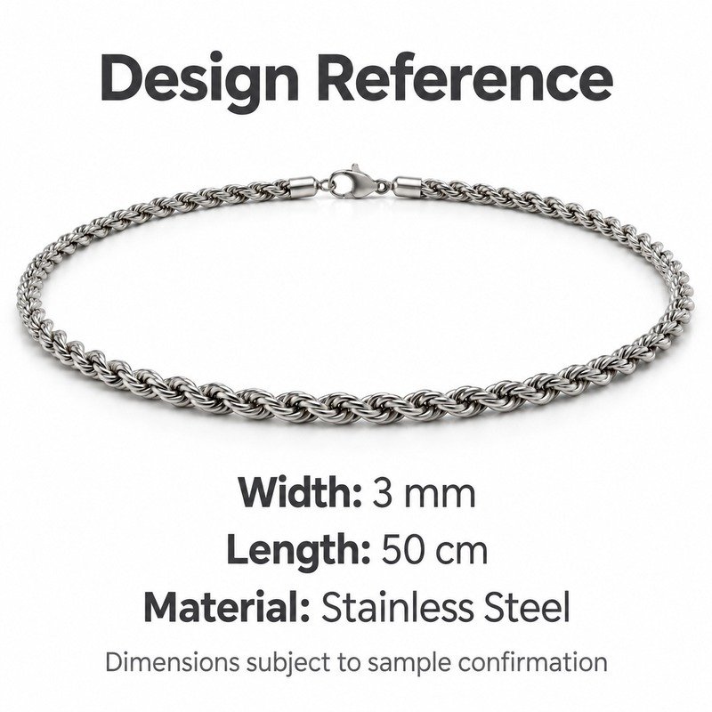 mens silver Stainless Steel 3mm rope chain necklace, design reference dimensions and material specifications
