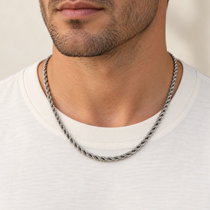mens silver Stainless Steel 3mm rope chain necklace, worn by an adult model
