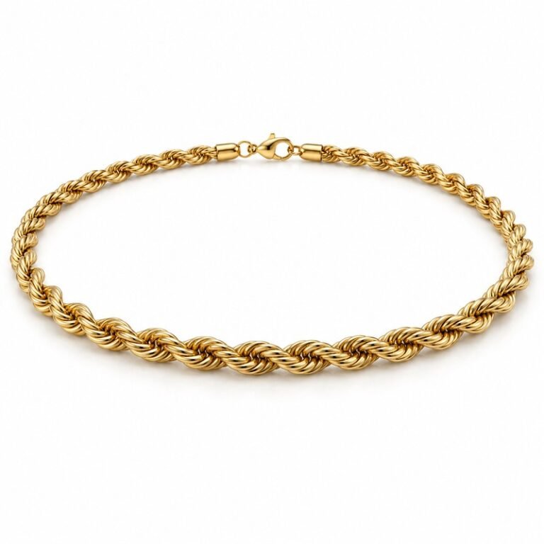 mens gold Stainless Steel 6mm rope chain necklace, at a 45-degree angle on white