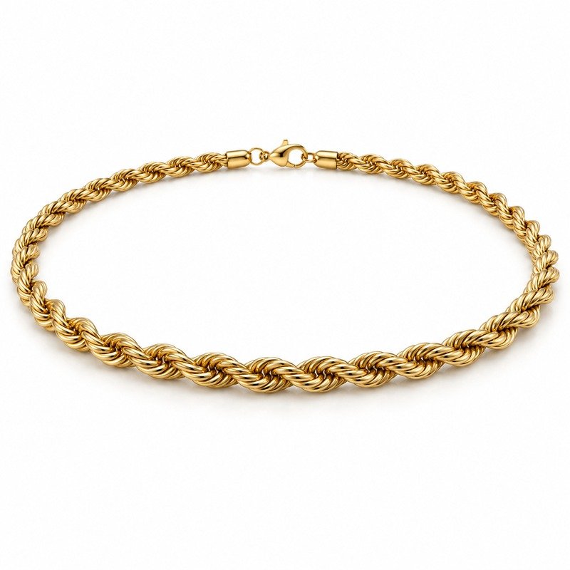 mens gold Stainless Steel 6mm rope chain necklace, at a 45-degree angle on white