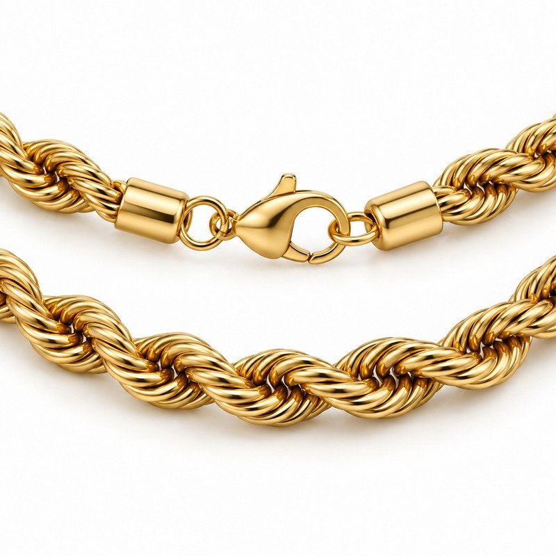 mens gold Stainless Steel 6mm rope chain necklace, reverse side and connection structure on white
