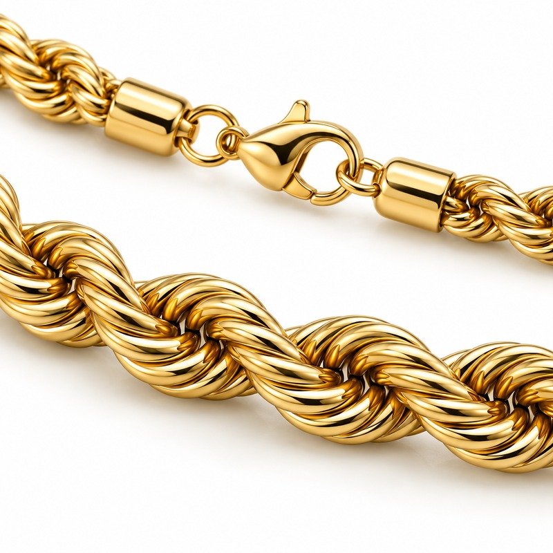 mens gold Stainless Steel 6mm rope chain necklace, material and craftsmanship close-up