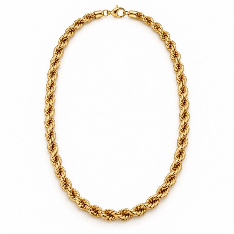 mens gold Stainless Steel 6mm rope chain necklace, front view on white