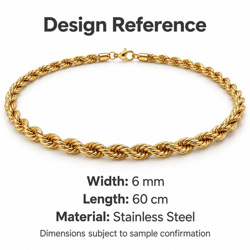 mens gold Stainless Steel 6mm rope chain necklace, design reference dimensions and material specifications