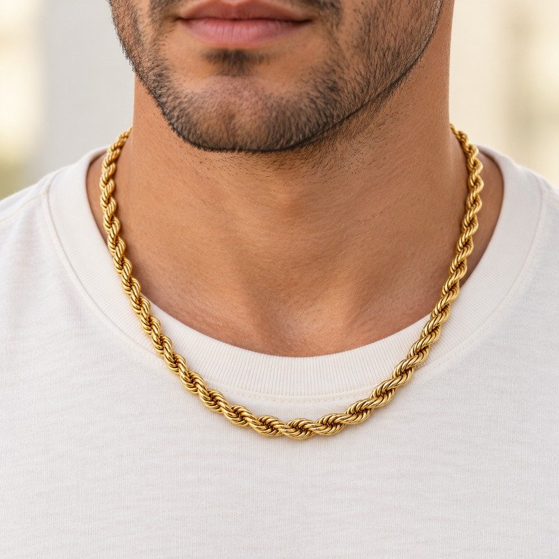 mens gold Stainless Steel 6mm rope chain necklace, worn by an adult model