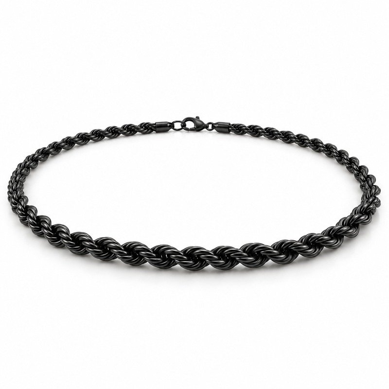 mens black Stainless Steel 8mm rope chain necklace, at a 45-degree angle on white