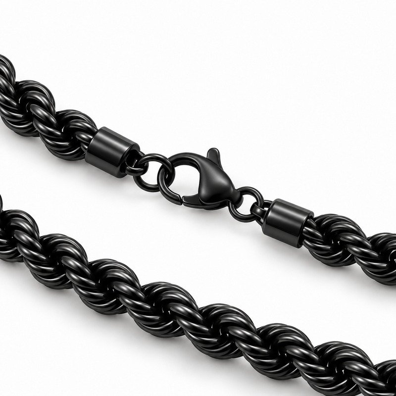 mens black Stainless Steel 8mm rope chain necklace, reverse side and connection structure on white