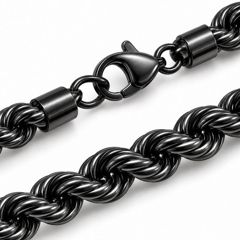 mens black Stainless Steel 8mm rope chain necklace, material and craftsmanship close-up