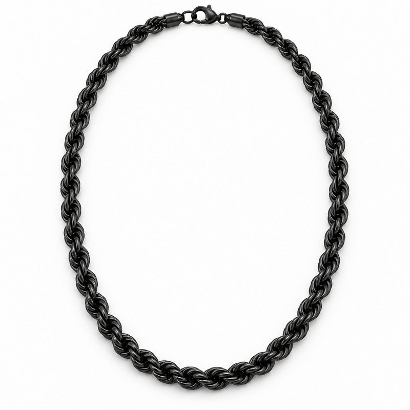 mens black Stainless Steel 8mm rope chain necklace, front view on white