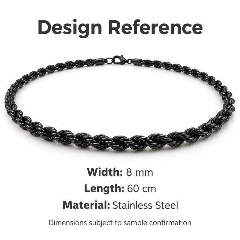 mens black Stainless Steel 8mm rope chain necklace, design reference dimensions and material specifications