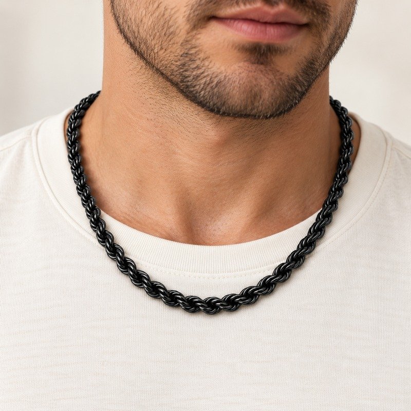 mens black Stainless Steel 8mm rope chain necklace, worn by an adult model