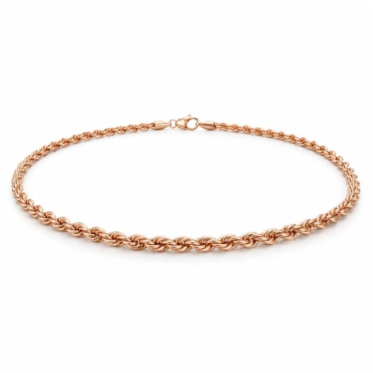 womens rose gold Stainless Steel 2mm rope chain necklace, at a 45-degree angle on white