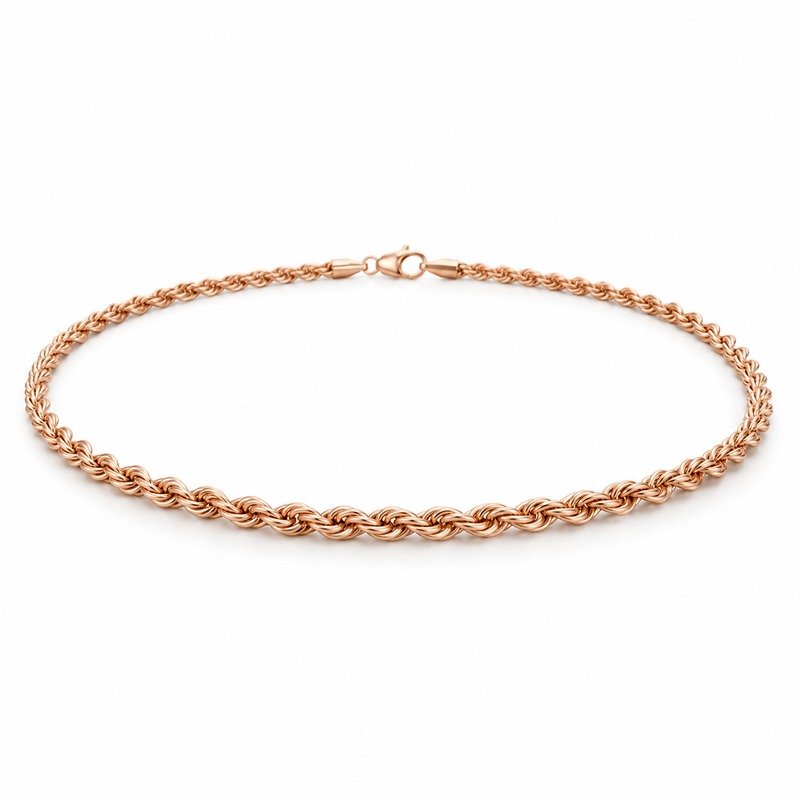 womens rose gold Stainless Steel 2mm rope chain necklace, at a 45-degree angle on white