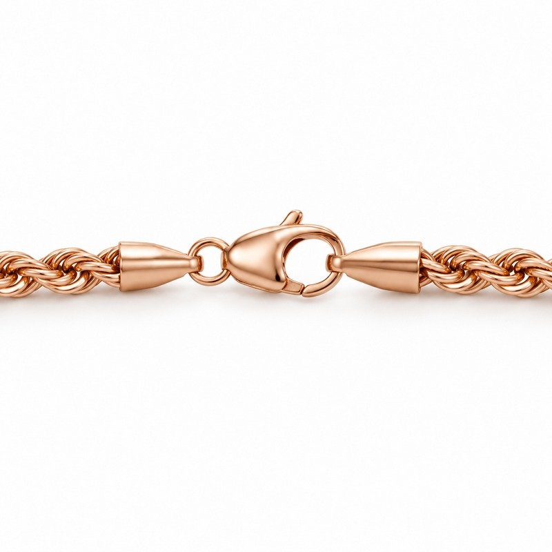 womens rose gold Stainless Steel 2mm rope chain necklace, reverse side and connection structure on white