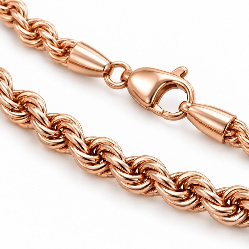 womens rose gold Stainless Steel 2mm rope chain necklace, material and craftsmanship close-up