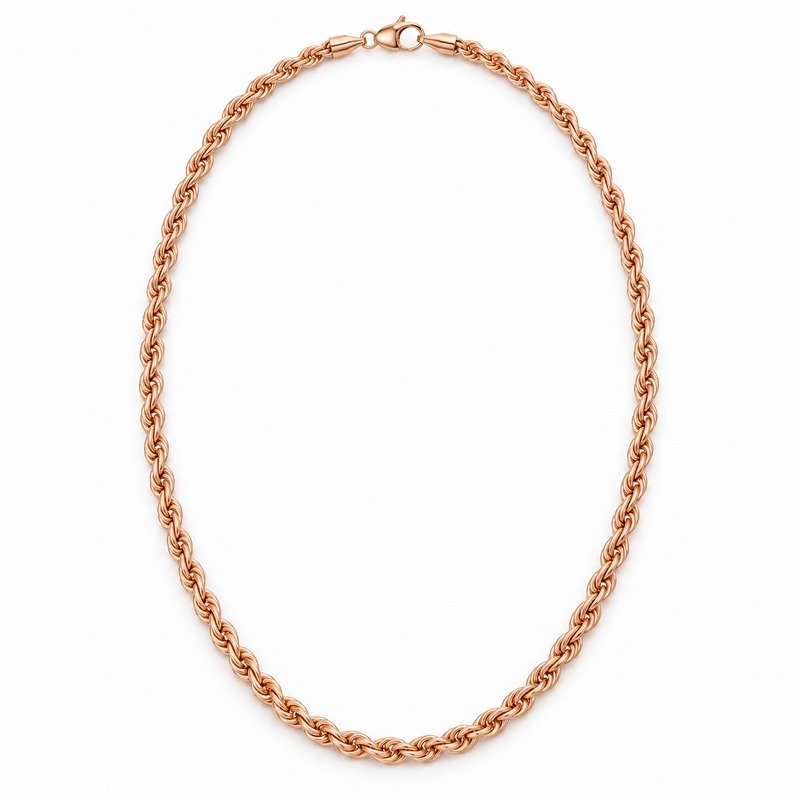 womens rose gold Stainless Steel 2mm rope chain necklace, front view on white