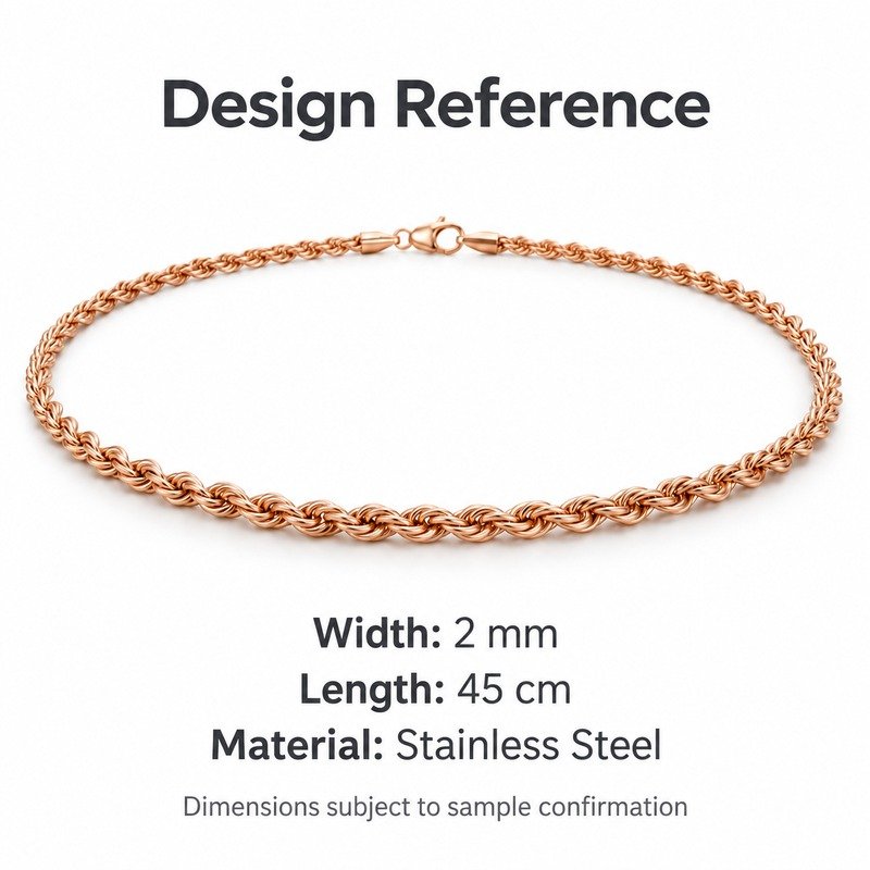 womens rose gold Stainless Steel 2mm rope chain necklace, design reference dimensions and material specifications