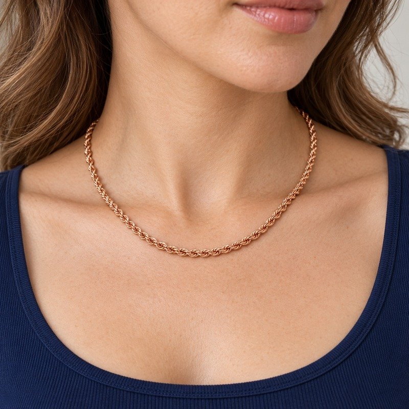 womens rose gold Stainless Steel 2mm rope chain necklace, worn by an adult model