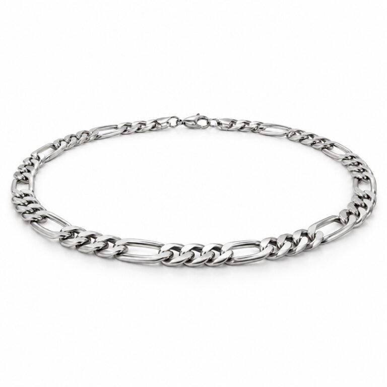mens silver Stainless Steel 8mm figaro chain necklace, at a 45-degree angle on white