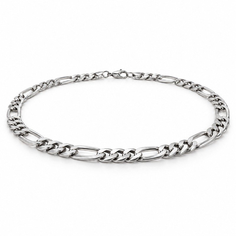 mens silver Stainless Steel 8mm figaro chain necklace, at a 45-degree angle on white