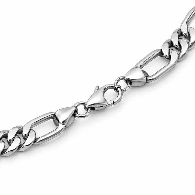mens silver Stainless Steel 8mm figaro chain necklace, reverse side and connection structure on white