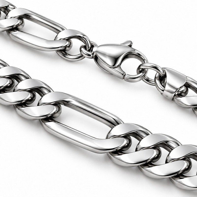 mens silver Stainless Steel 8mm figaro chain necklace, material and craftsmanship close-up