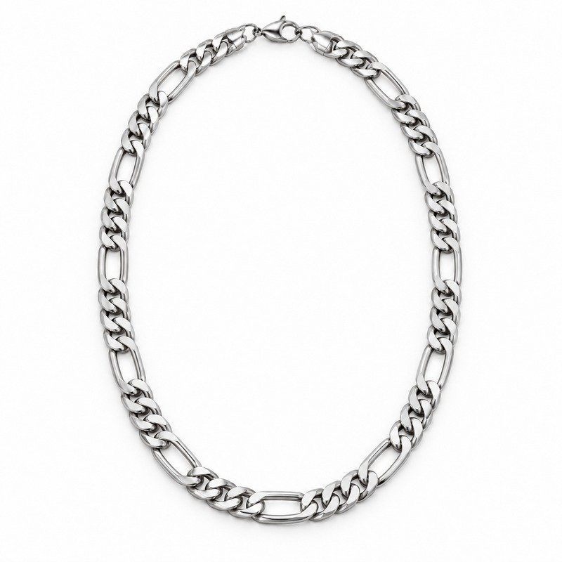 mens silver Stainless Steel 8mm figaro chain necklace, front view on white
