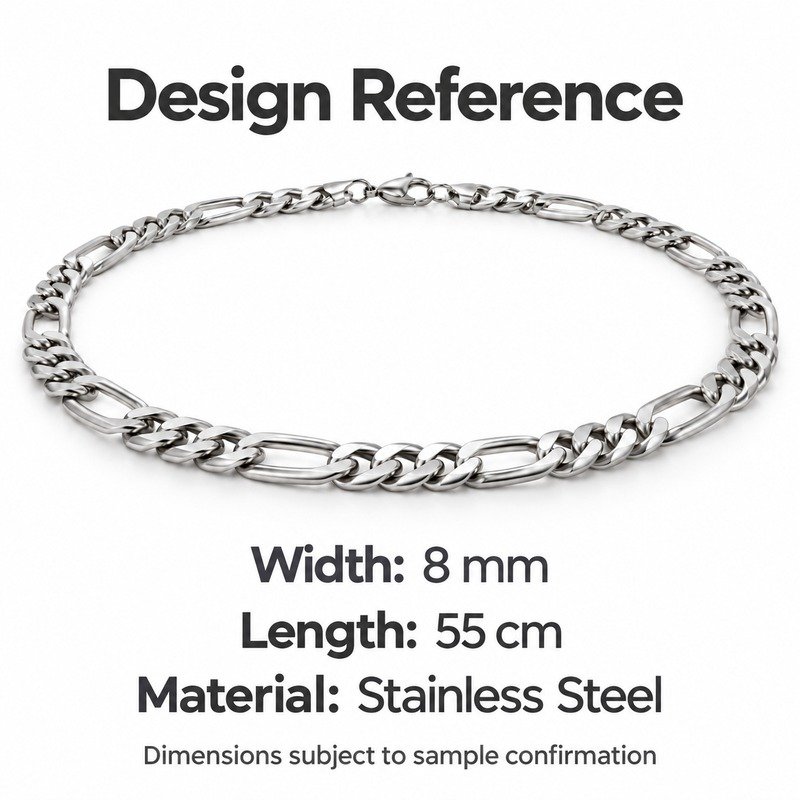 mens silver Stainless Steel 8mm figaro chain necklace, design reference dimensions and material specifications