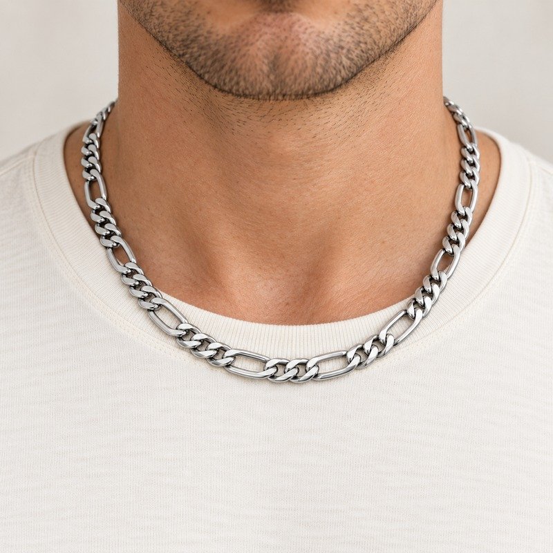 mens silver Stainless Steel 8mm figaro chain necklace, worn by an adult model