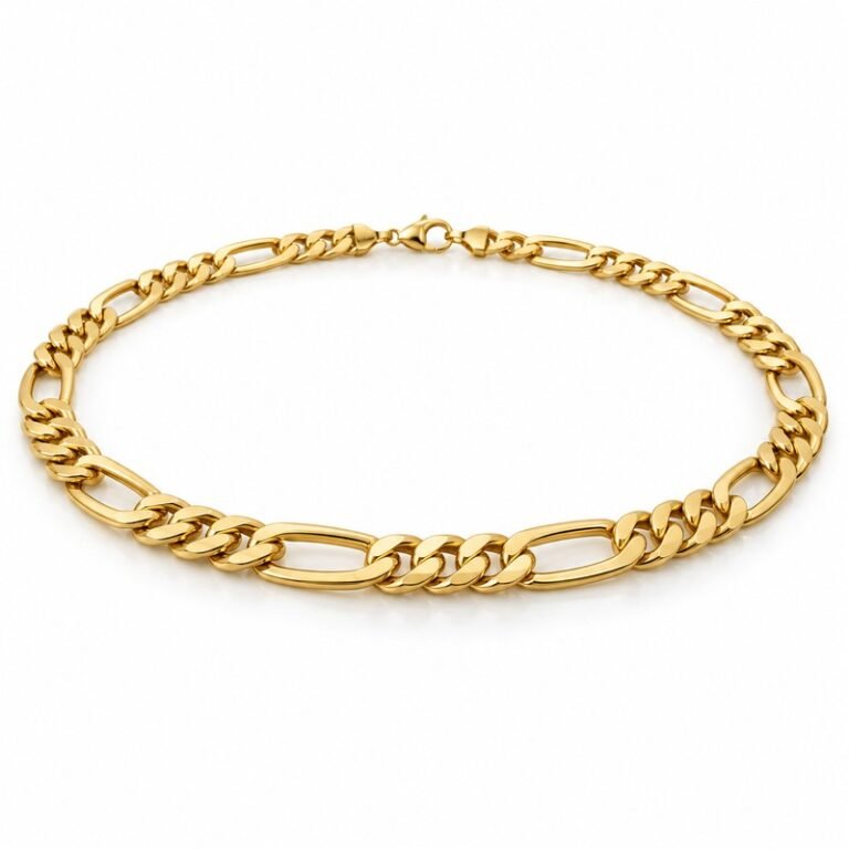 mens gold Stainless Steel 10mm figaro chain necklace, at a 45-degree angle on white