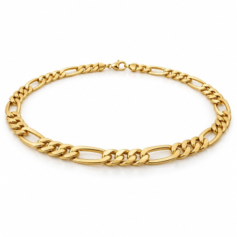 mens gold Stainless Steel 10mm figaro chain necklace, at a 45-degree angle on white