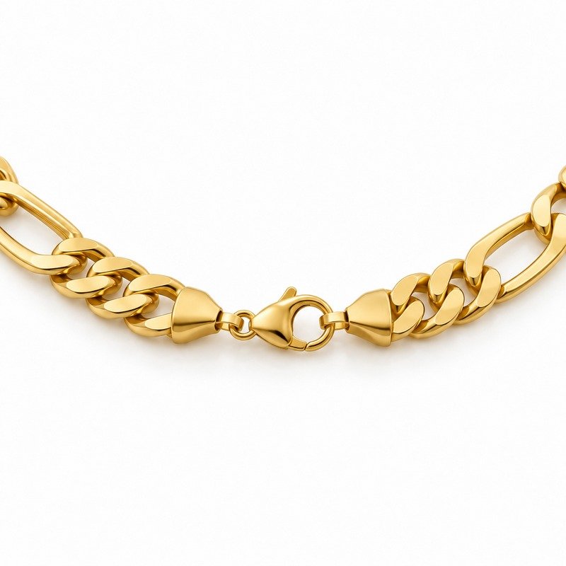 mens gold Stainless Steel 10mm figaro chain necklace, reverse side and connection structure on white