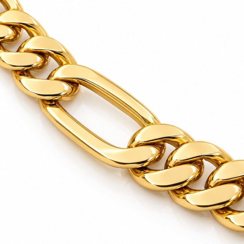 mens gold Stainless Steel 10mm figaro chain necklace, material and craftsmanship close-up