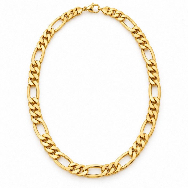 mens gold Stainless Steel 10mm figaro chain necklace, front view on white