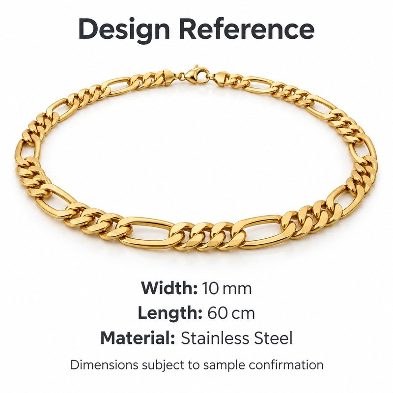 mens gold Stainless Steel 10mm figaro chain necklace, design reference dimensions and material specifications