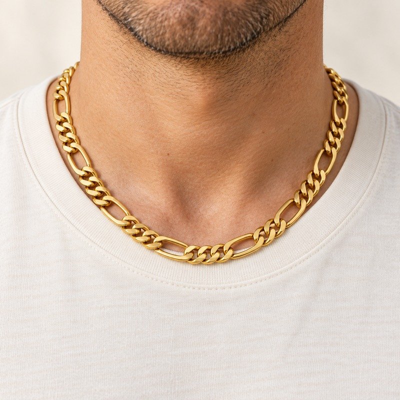 mens gold Stainless Steel 10mm figaro chain necklace, worn by an adult model