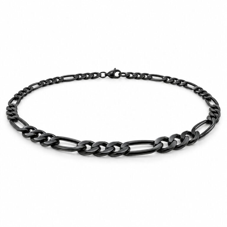 mens black Stainless Steel 5mm figaro chain necklace, at a 45-degree angle on white