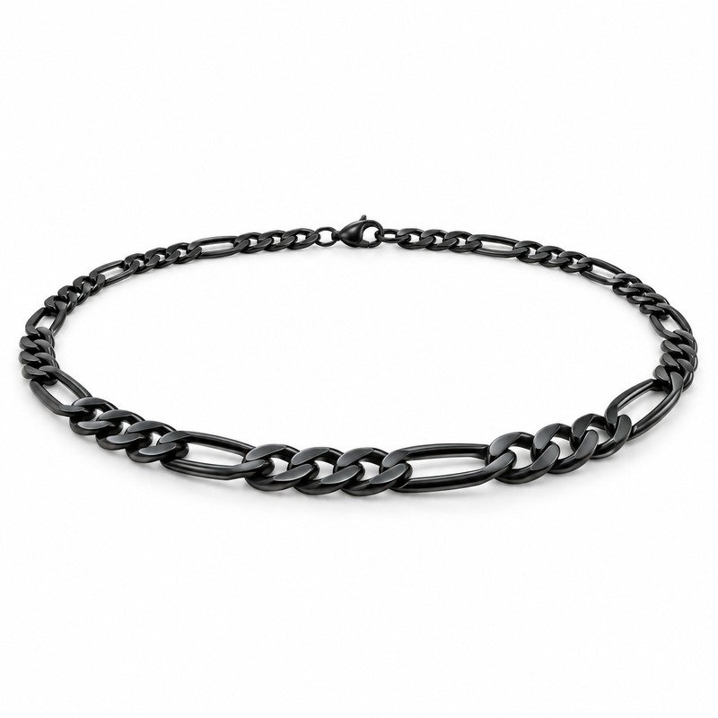 mens black Stainless Steel 5mm figaro chain necklace, at a 45-degree angle on white