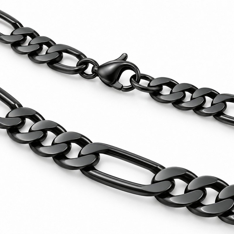 mens black Stainless Steel 5mm figaro chain necklace, reverse side and connection structure on white