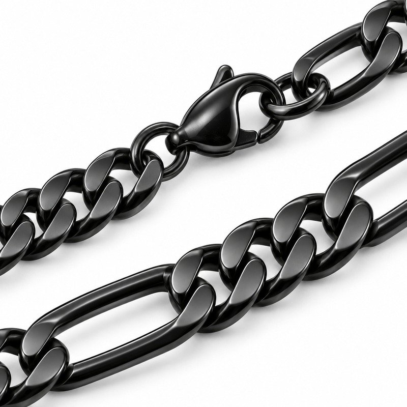 mens black Stainless Steel 5mm figaro chain necklace, material and craftsmanship close-up
