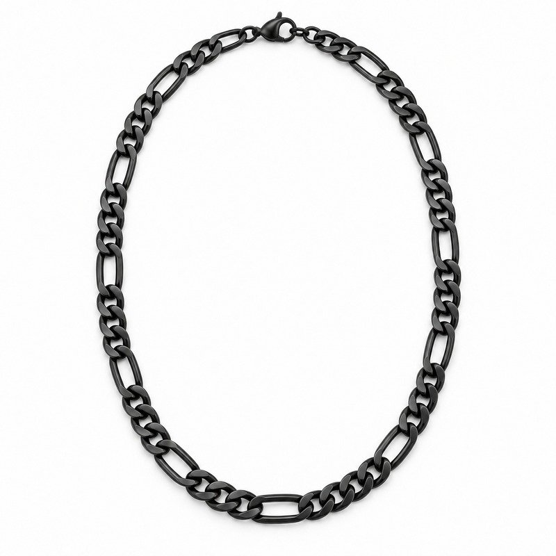 mens black Stainless Steel 5mm figaro chain necklace, front view on white